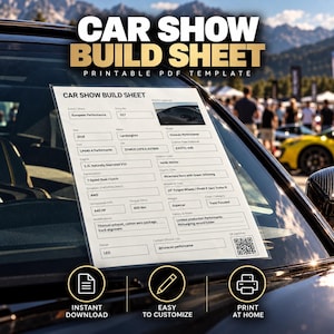 Könnte beinhalten: Eine druckbare PDF-Vorlage für ein Auto-Show-Datenblatt, die an einer Windschutzscheibe angebracht ist. Das Dokument enthält Felder für Fahrzeugspezifikationen wie Marke, Modell, Motor und Besitzerdaten sowie einen QR-Code und ein Fotofeld.