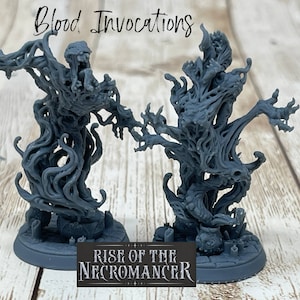 May include: Two gray plastic miniature figures of a creature with tentacles and a base. The figures are from the Rise of the Necromancer game. The text "Blood Invocations" is written above the figures.
