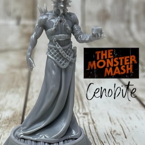 May include: A gray 3D printed figurine of a Cenobite from the movie Hellraiser. The figure is holding a small cube in its right hand. The figure is standing on a round base. The text "The Monster Mash" and "Cenobite" are visible in the image.