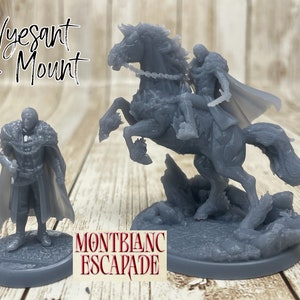May include: Gray 3D printed miniature of a fantasy character riding a horse, with the text "Vyesant & Mount" and "Montblanc Escapade" visible.
