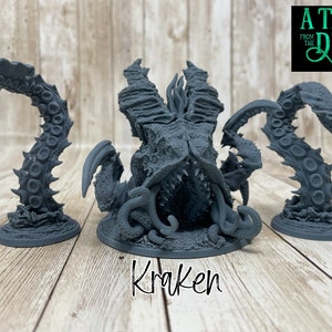 May include: A gray plastic miniature of a Kraken from the game "A Tale from the Deep". The Kraken has multiple tentacles and a large mouth with sharp teeth. The miniature is on a round base.