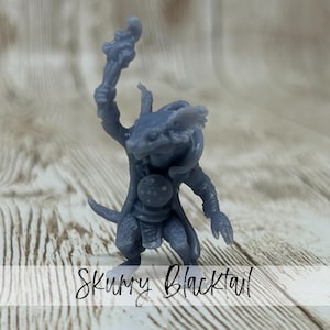 May include: A gray miniature figurine of a creature with a reptilian head, holding a staff. The figurine has a cloak and armor-like details. The text "Scurry Blacktail" is written in cursive at the bottom of the image.