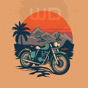 Illustrazione del tramonto di una motocicletta d'epoca - Download digitale di opere d'arte con palme e montagne sullo sfondo con diritti di utilizzo commerciali