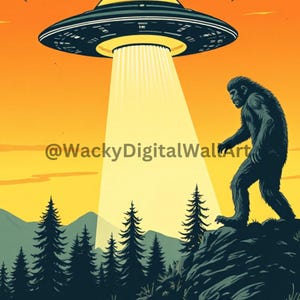 Bigfoot UFO Encounter Retro Digital Art Print Set Sci-Fi Cryptid Forest Scene Instant Download