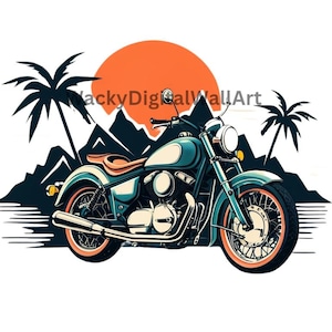 Illustrazione del tramonto di una motocicletta d'epoca - Download digitale di opere d'arte con palme e montagne sullo sfondo con diritti di utilizzo commerciali