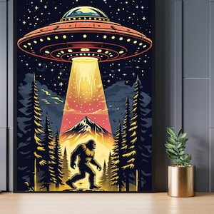 Bigfoot UFO Encounter Retro Digital Art Print Set Sci-Fi Cryptid Forest Scene Instant Download
