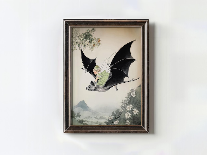 Witch Riding A Bat Fairy Riding Bat Vintage Wall Art Print, Whimsical Fantasy Canvas ...
