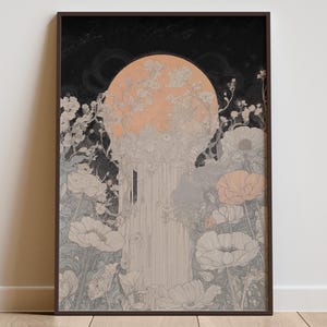 Surreal Moonlit Floral Garden Wall Art Print – Mystical Botanical Illustration in Peach and Charcoal Tones, Art Nouveau Fantasy Poster Decor
