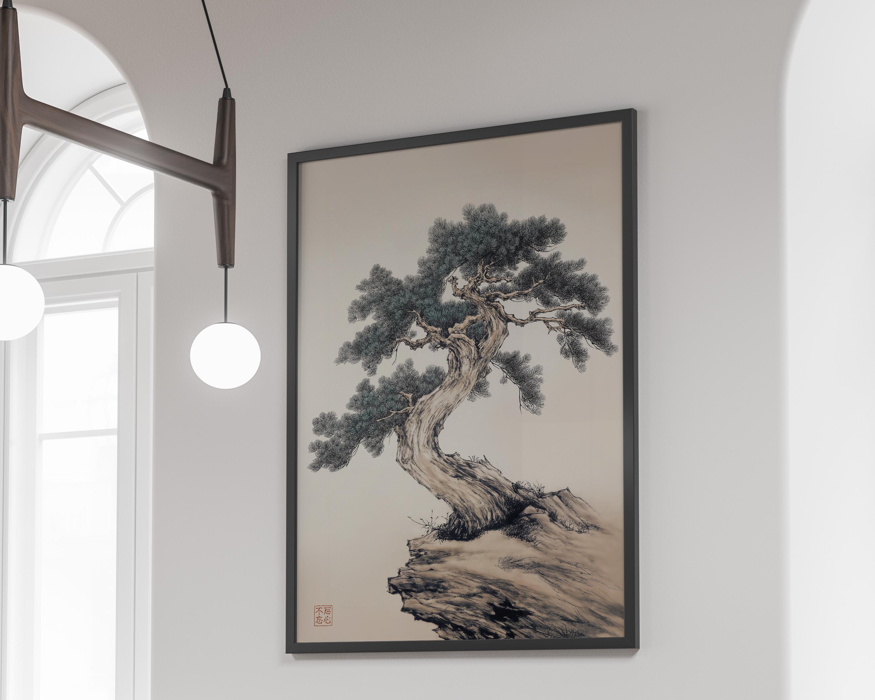 Japanese Bonsai Pine Tree Sumi-e Wall Art Print – Minimalist Zen Ink ...