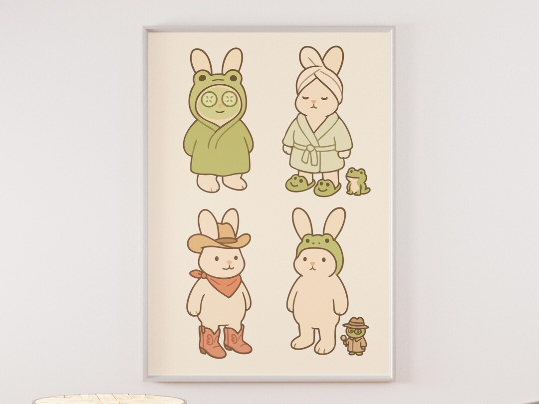 Spa Day Cowboy Bunny Wall Art Print | Cute Kawaii Rabbits in Mask, Robe ...