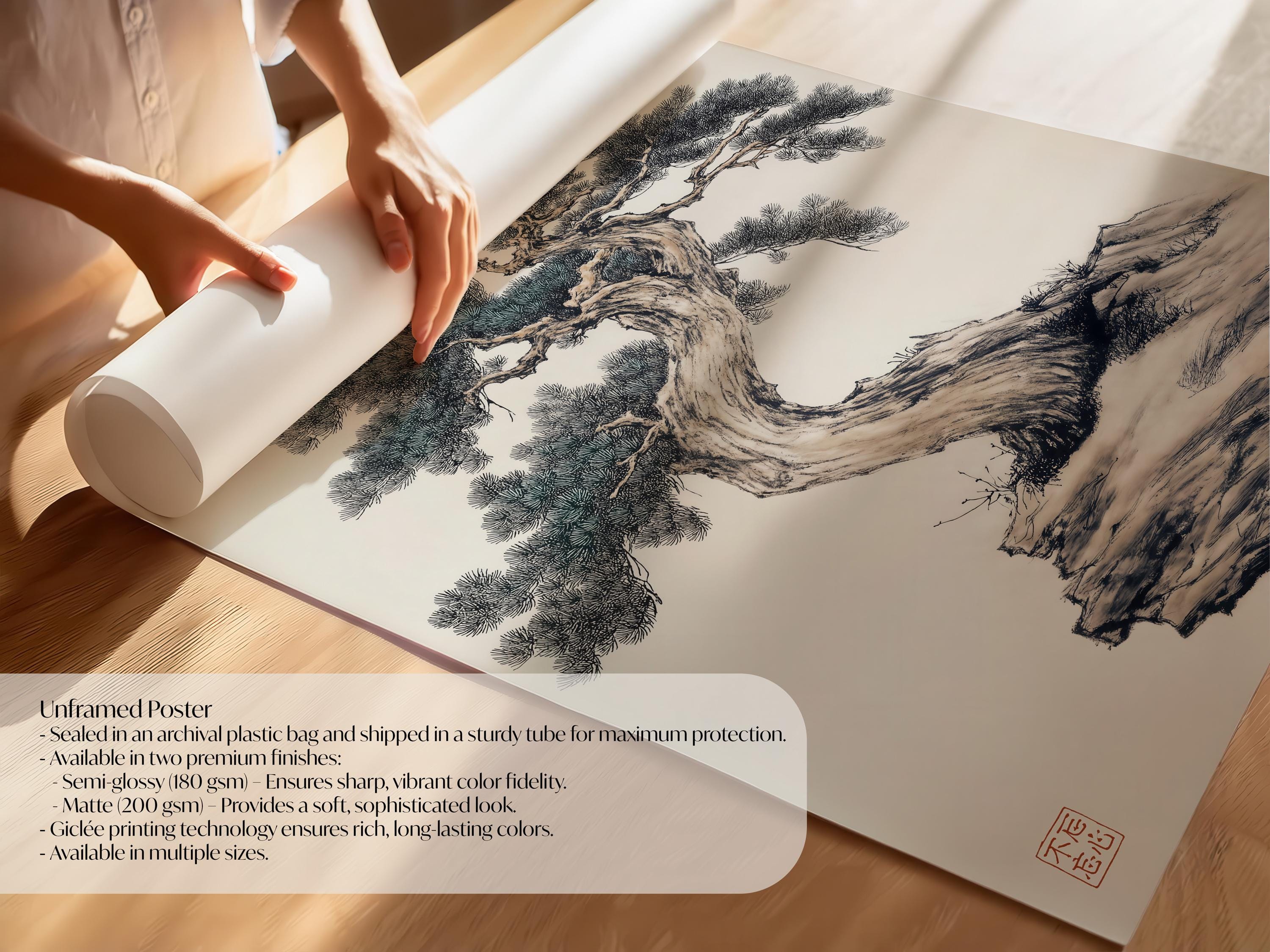 Japanese Bonsai Pine Tree Sumi-e Wall Art Print – Minimalist Zen Ink ...