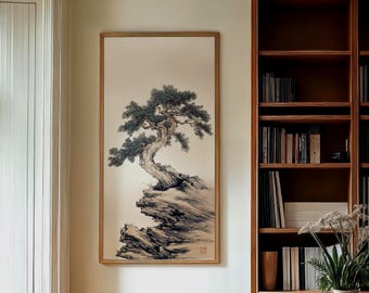 Japanese Bonsai Pine Tree Sumi-e Wall Art Print – Minimalist Zen Ink Painting on Calm Neutral Background, Modern Wabi-Sabi Nature Decor