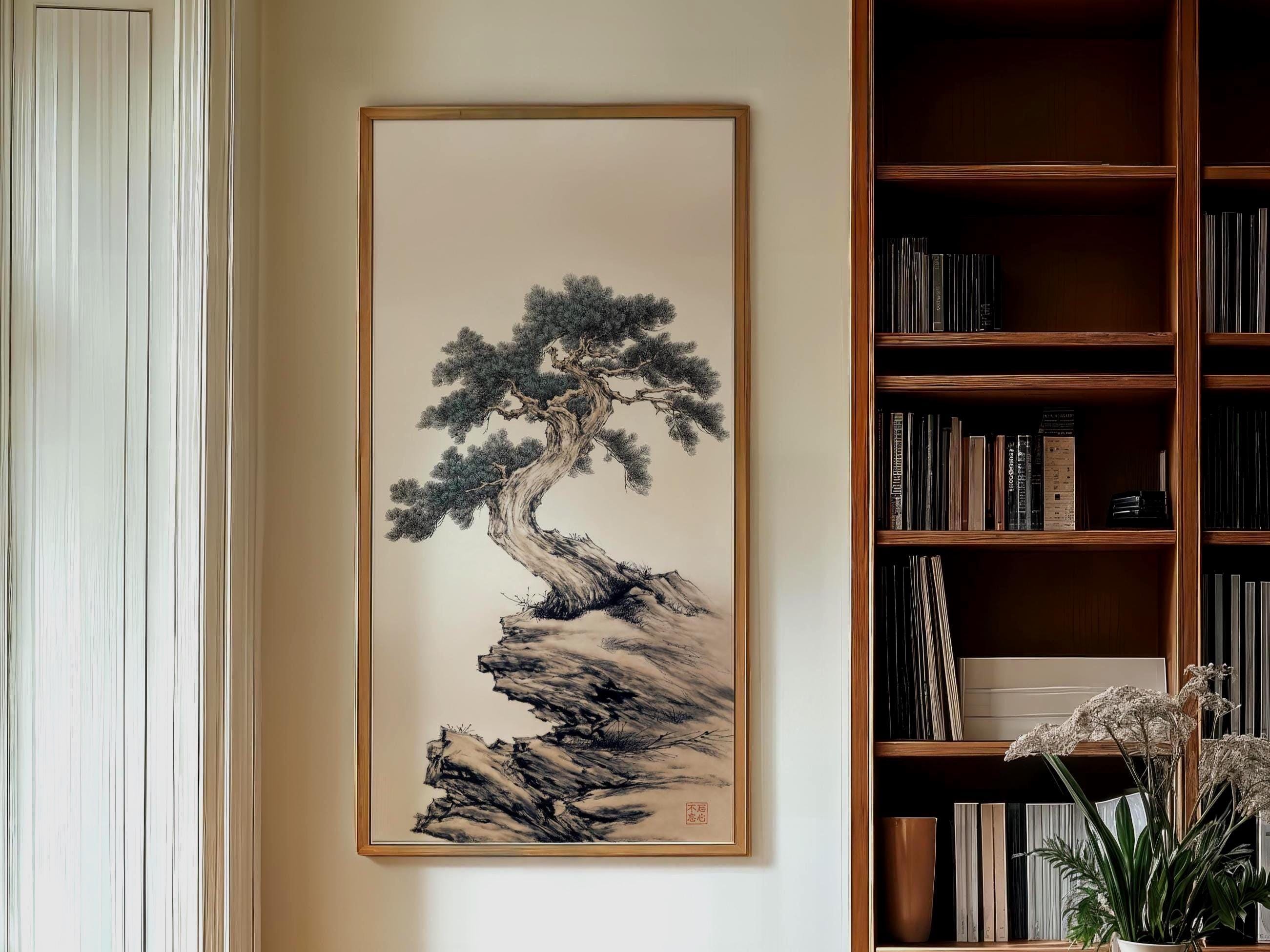 Japanese Bonsai Pine Tree Sumi-e Wall Art Print – Minimalist Zen Ink ...
