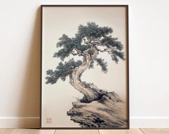 Japanese Bonsai Pine Tree Sumi-e Wall Art Print – Minimalist Zen Ink Painting on Calm Neutral Background, Modern Wabi-Sabi Nature Decor