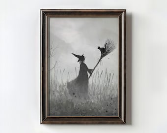 Halloween Witch Wall Art Print, Gothic Witch with Black Cat Silhouette, Spooky Misty Forest Poster, Dark Fantasy Canvas Home Decor