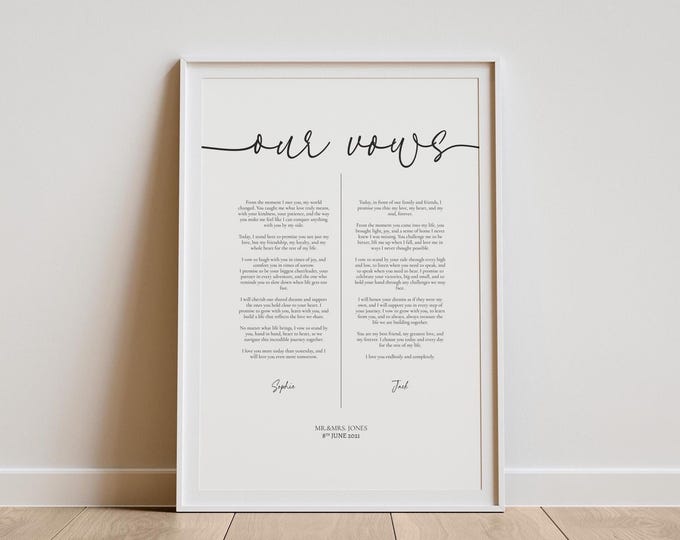 Custom Framed Wedding Vows Print, Anniversary Gift, Personalized Poster Wall Art Wedding Sign Multiple Sizes and Frame Options Unique Poster