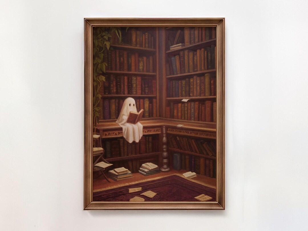 Ghost in Library Wall Art, Cute Reading Ghost Poster, Vintage Spooky ...