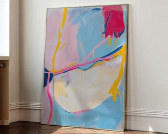 Abstract Long Narrow Canvas Wall Art in Pink Blue and Yellow Tones | Modern Colorful Minimalist Vertical Artwork for Living Room Decor
