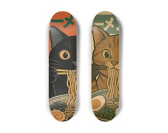 Skateboard Wall Art Aesthetic, Set of 2 Skateboard Deck Wall Art, Ramen Cat Japanese Decor, Cute Gifts for Her, New Home Japandi Gift Idea