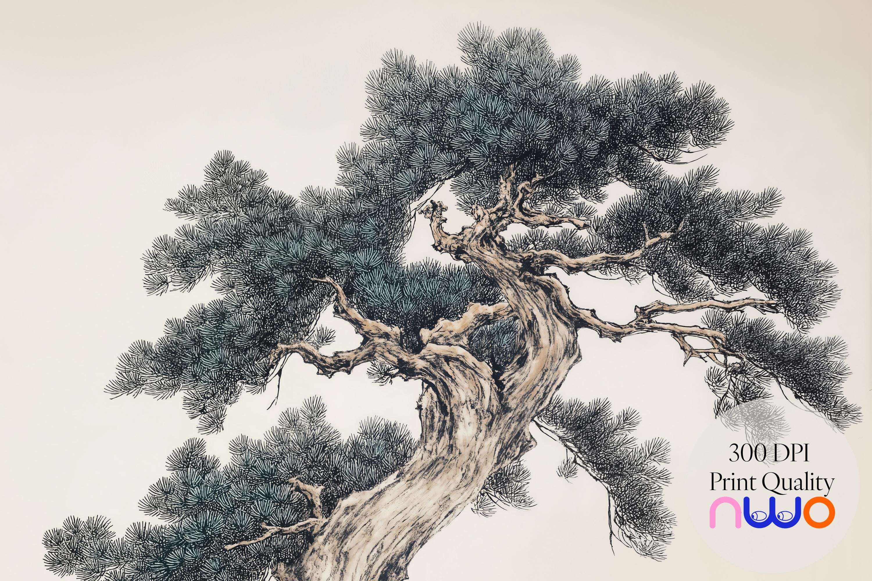 Japanese Bonsai Pine Tree Sumi-e Wall Art Print – Minimalist Zen Ink ...
