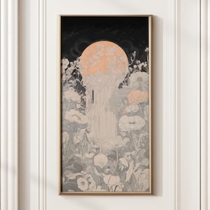 Surreal Moonlit Floral Garden Wall Art Print – Mystical Botanical Illustration in Peach and Charcoal Tones, Art Nouveau Fantasy Poster Decor