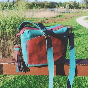 Handmade leather bag in turquoise  and burgundy colors