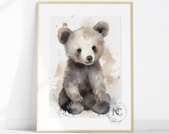 Söt björntryck för barnrum, akvarell väggkonst med skogsdjur, babyshowerdekoration i skogen