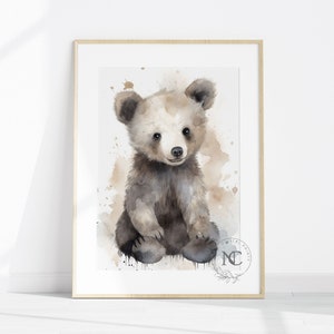 Cute Bear Print for Nursery, Watercolor Forest Creatures Wall Art, Woodland Baby Shower Decoration