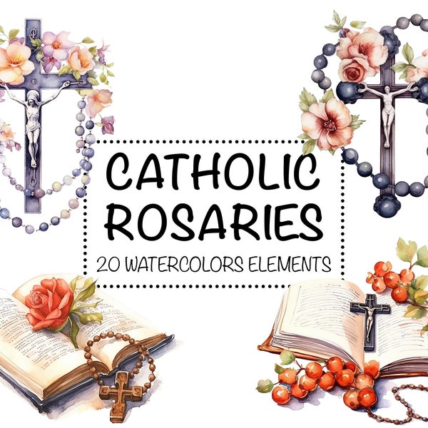 High-Quality Catholic Rosary Watercolor Clipart Set - 20 PNG Images for Religious Prints, Catholic Clip Art, Printables, Instant Download