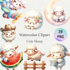 29 Aquarell niedliche Schafe Clipart, transparenter Hintergrund, hochauflösende PNG, sofortiger Download, Baby-Tier-Kinderzimmer-Dekor, digitale Dateien