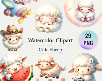 29 Watercolor Cute Sheep Clipart, Transparent Background, High-Resolution PNG, Instant Download, Baby Animal Nursery Decor, Digital Files