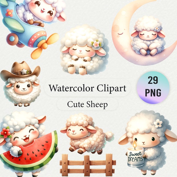 29 Watercolor Cute Sheep Clipart, Transparent Background, High-Resolution PNG, Instant Download, Baby Animal Nursery Decor, Digital Files