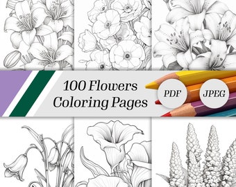 May include: A set of 100 printable colouring pages featuring black and white illustrations of various flowers. The title "100 Flowers Coloring Pages" is displayed in the centre of the image. Two coloured pencils are shown at the bottom of the image, one labelled "PDF" and the other labelled "JPEG".