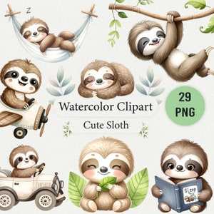 Clipart de preguiça em aquarela - decoração fofa de berçário, design de convite de festa, ilustração de preguiça para impressão para canecas e camisas, download digital