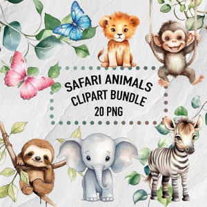 Aquarela Safari Baby Animals Clipart - Perfeito para chás de bebê, decoração de berçário e festas de aniversário, preguiça, leão - download instantâneo PNG