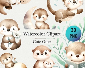 Paquete de imágenes prediseñadas de nutria en acuarela: 30 PNG, decoración infantil (descarga digital)