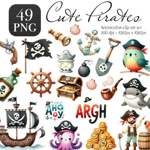 Watercolor Pirates Clipart Bundle - Pirate Ship Clipart, Pirate Map, Pirate Hat, Pirate Flag, Treasure Map, Cute Pirate Clip Art