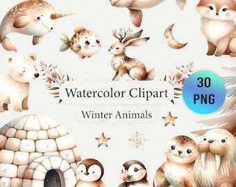 Imágenes prediseñadas de animales árticos en acuarela: 30 imágenes PNG (descarga digital)
