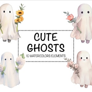 Cute Watercolor Ghost and Flowers Clipart - Halloween Clipart Watercolor - Cute Ghost PNG - Instant Download