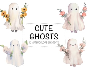 Cute Watercolor Ghost and Flowers Clipart - Halloween Clipart Watercolor - Cute Ghost PNG - Instant Download