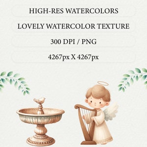 May include: A watercolor illustration of an angel playing a harp, with a dove perched on a decorative fountain. The image has a soft, whimsical feel and is perfect for adding a touch of charm to any project.