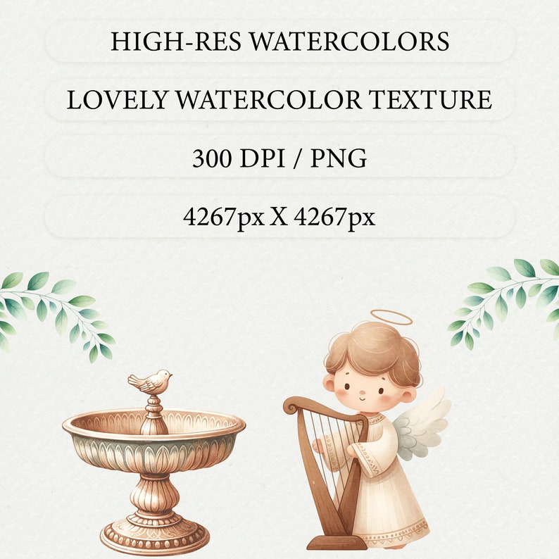 May include: A watercolor illustration of an angel playing a harp, with a dove perched on a decorative fountain. The image has a soft, whimsical feel and is perfect for adding a touch of charm to any project.