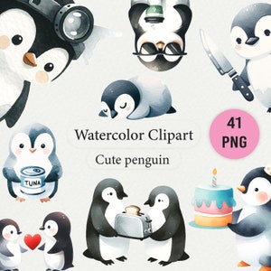 Uroczy akwarelowy pingwin Clipart - Arktyczne zwierzęta do pobrania w wersji cyfrowej, urocze pingwiny PNG, wysokiej rozdzielczości przezroczyste ilustracje do tworzenia