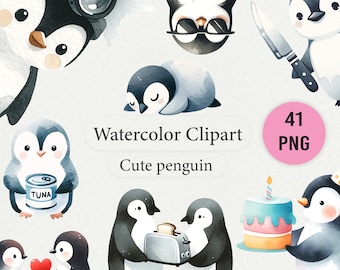 Watercolor Penguin Clipart – 41 Arctic Animal PNGs (Digital Download)
