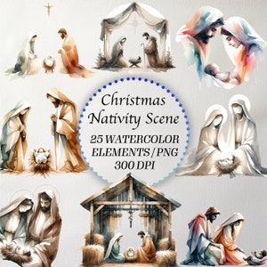 25 akwarelowych szopek clipart: Boże Narodzenie Jezus PNG, pobieranie cyfrowe, tworzenie kartek, scrapbooking, wykorzystanie komercyjne, wysoka jakość