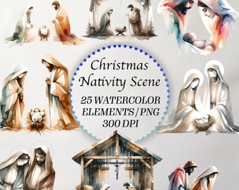 Watercolor Nativity Scene Clipart Bundle: 25 Christmas PNGs (Digital Download)
