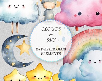 Watercolor Clouds, Stars & Moon Clipart: Nursery Decor (Digital Download)