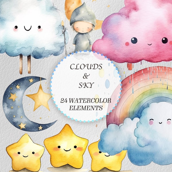 Cute Clouds Stars & Moon Watercolor Clipart Collection, Baby Shower, Kids Clipart, Nursery Decor, Nursery Art, Seasonal, Unisex Baby