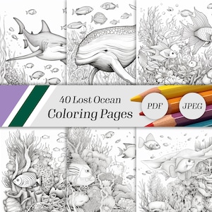 40 Ocean Coloring Pages for Adults, Under The Sea Animals and Environment Grayscale Coloring Sheets, Instant Download