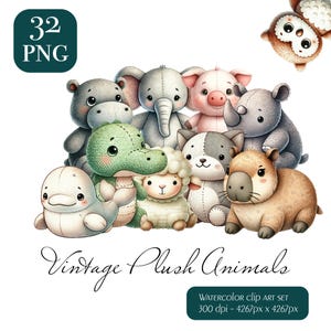 Coleção de clipart de animais de pelúcia vintage em aquarela, clipart de animais de berçário, convite de chá de bebê PNG, decoração de animais de bebê para scrapbooking